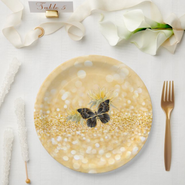 Elegant Sunflower Sparkle Black Butterfly Gold Paper Plate (Wedding)