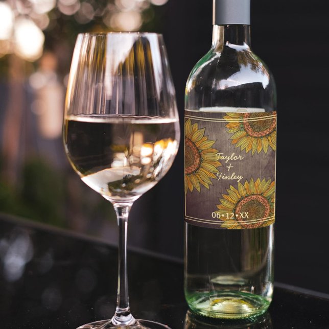   Elegant Sunflower Taupe Farmhouse Rustic Wedding Wine Label (Creator Uploaded)