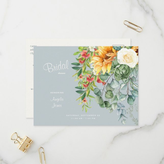 Elegant Sunflower Tuscan Dusty Blue Bridal Shower  Invitation Postcard (Front/Back In Situ)