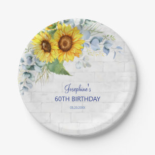 Elegant Sunflower Wall Brick Floral Birthday Paper Plate