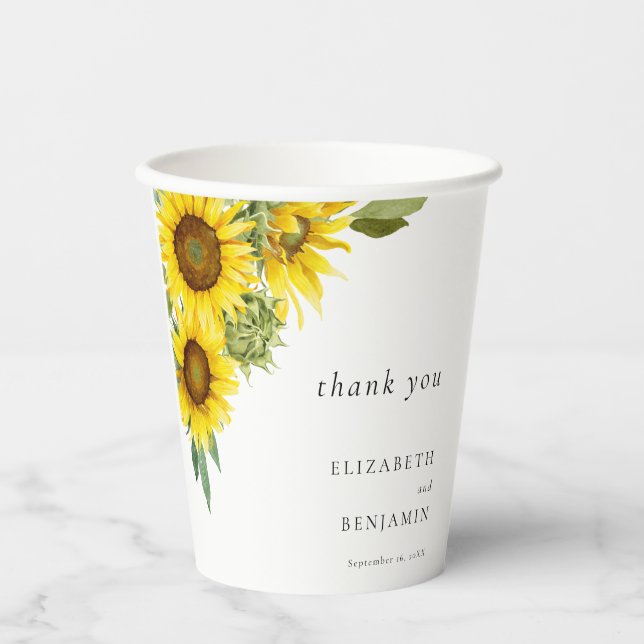 Elegant Sunflower Wedding Watercolor Personalised Paper Cups (Front)