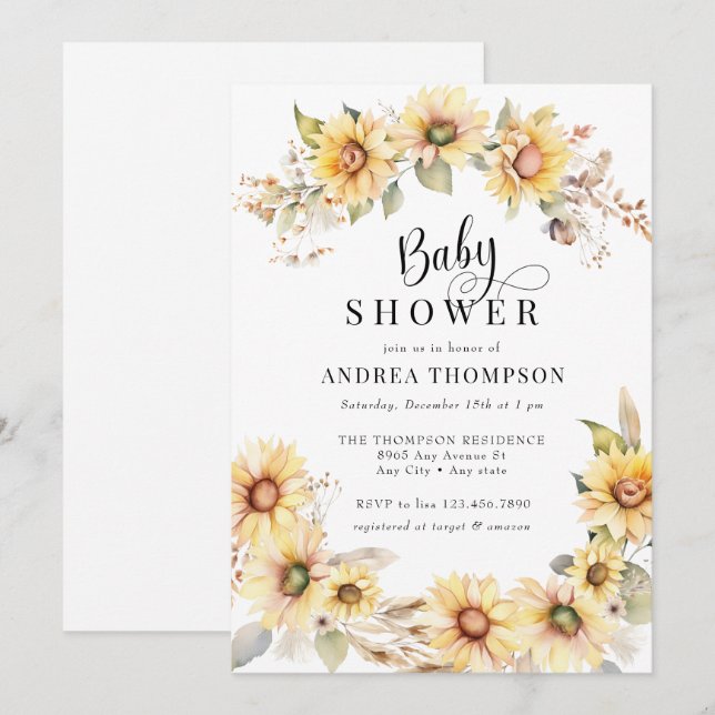 Elegant Sunflower | Yellow Baby Shower Invitation (Front/Back)