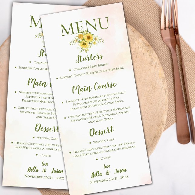 Elegant Sunflower Yellow Cute Floral Wedding Party Menu (Elegant Sunflower Yellow Cute Floral Wedding Party Menu)