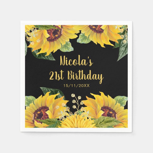 Elegant Sunflowers and Foliage Birthday Party Napkin (Front)