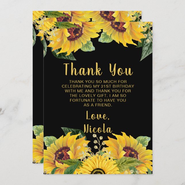 Elegant Sunflowers and Foliage Birthday Party Thank You Card (Front/Back)