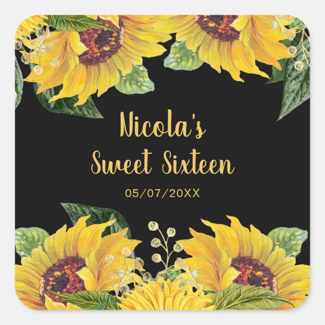 Elegant Sunflowers and Foliage Sweet Sixteen Square Sticker (Front)