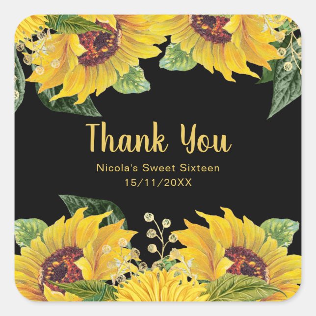 Elegant Sunflowers and Foliage Sweet Sixteen Square Sticker (Front)