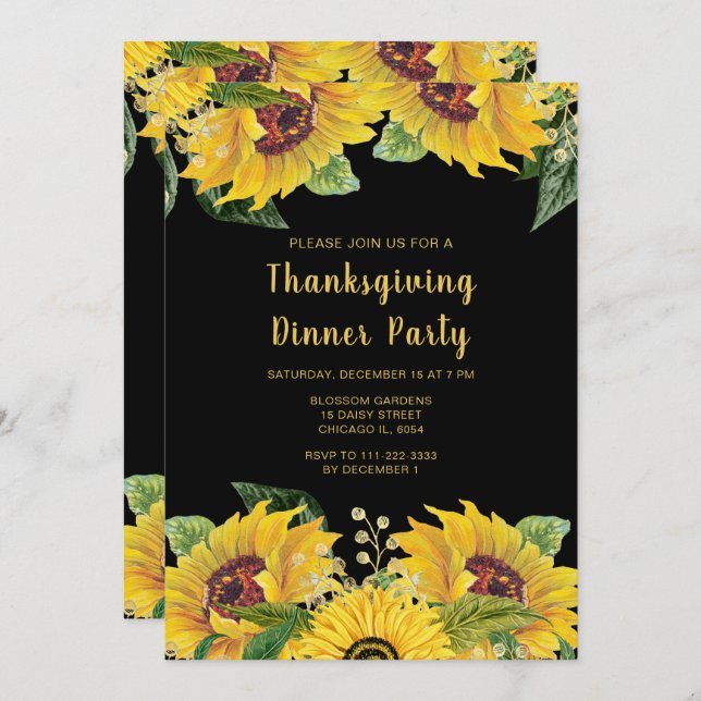 Elegant Sunflowers and Foliage Thanksgiving Party Invitation (Front/Back)