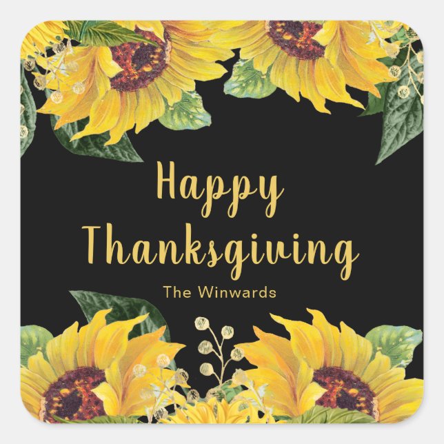Elegant Sunflowers and Foliage Thanksgiving Party Square Sticker (Front)
