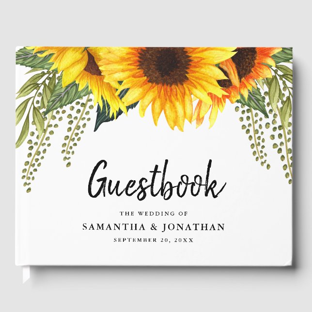 Elegant Sunflowers and Foliage Wedding Guest Book (Front)