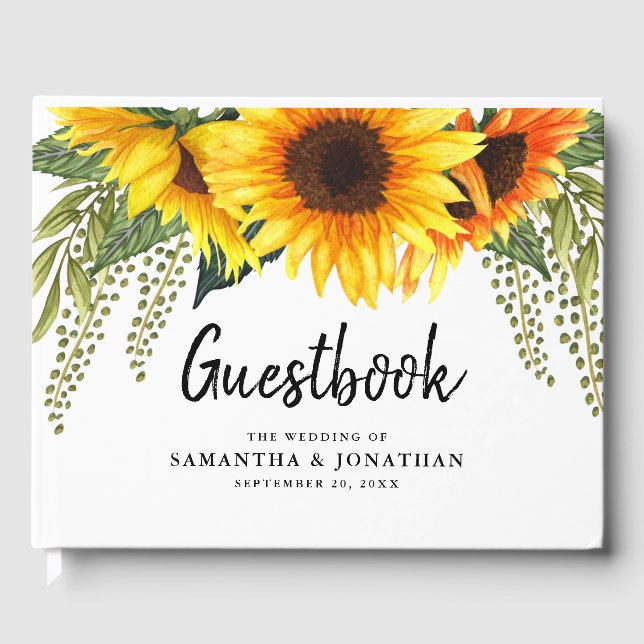 Elegant Sunflowers and Foliage Wedding Guest Book (Front)