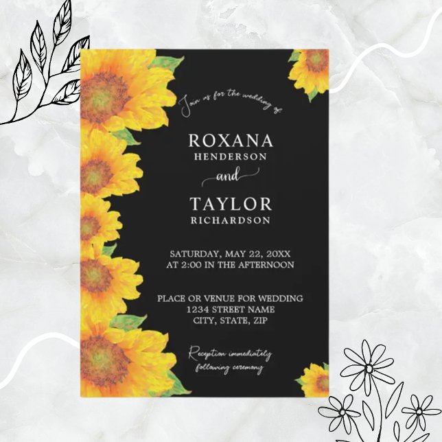 Elegant Sunflowers Black Backdrop Floral Wedding Invitation (Creator Uploaded)