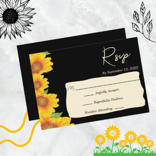 Elegant Sunflowers Black Backdrop Floral Wedding RSVP Card
