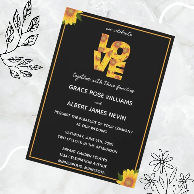 Elegant Sunflowers Black Backdrop LOVE Wedding Invitation (Creator Uploaded)