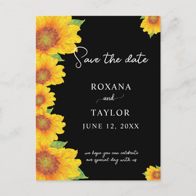 Elegant Sunflowers Black Backdrop Save the Date Postcard (Front)
