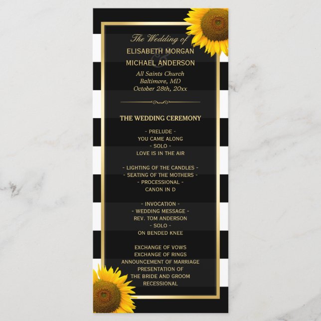 Elegant Sunflowers Black White Wedding Program (Front)