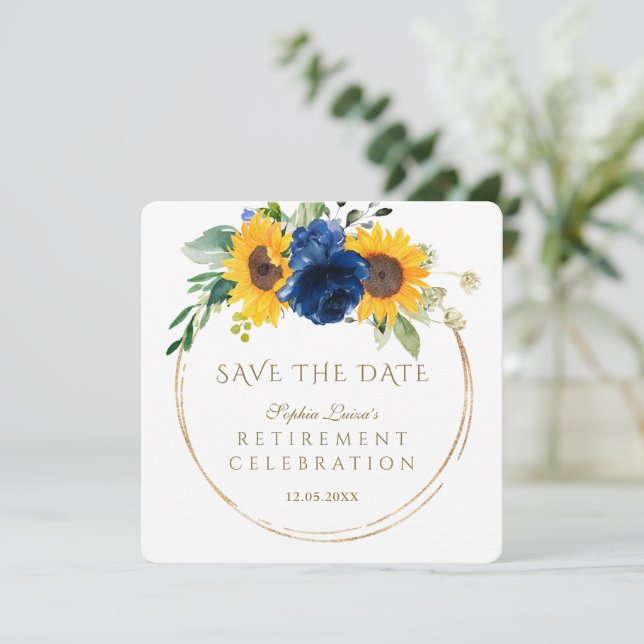 Elegant Sunflowers Blue Floral Gold Retirement  Save The Date (Standing Front)