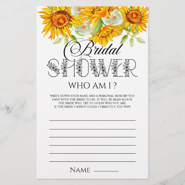 Elegant Sunflowers Bridal Shower Game (Front)