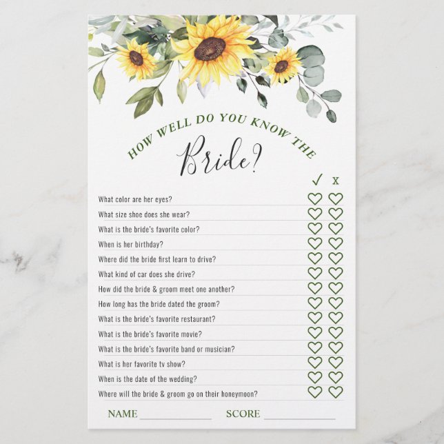 Elegant Sunflowers Eucalyptus Bridal Shower Game (Front)