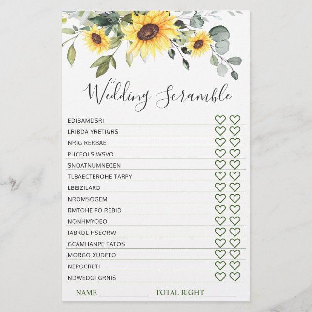 Elegant Sunflowers Eucalyptus Bridal Shower Game (Front)