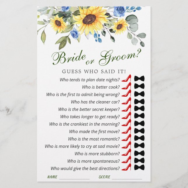 Elegant Sunflowers Eucalyptus Bridal Shower Game (Front)