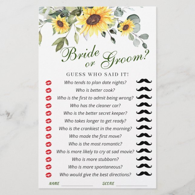 Elegant Sunflowers Eucalyptus Bridal Shower Game (Front)