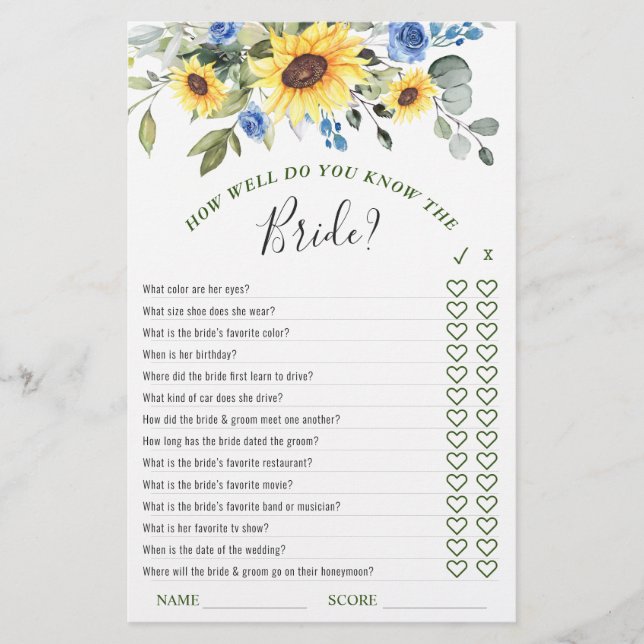Elegant Sunflowers Eucalyptus Bridal Shower Game (Front)