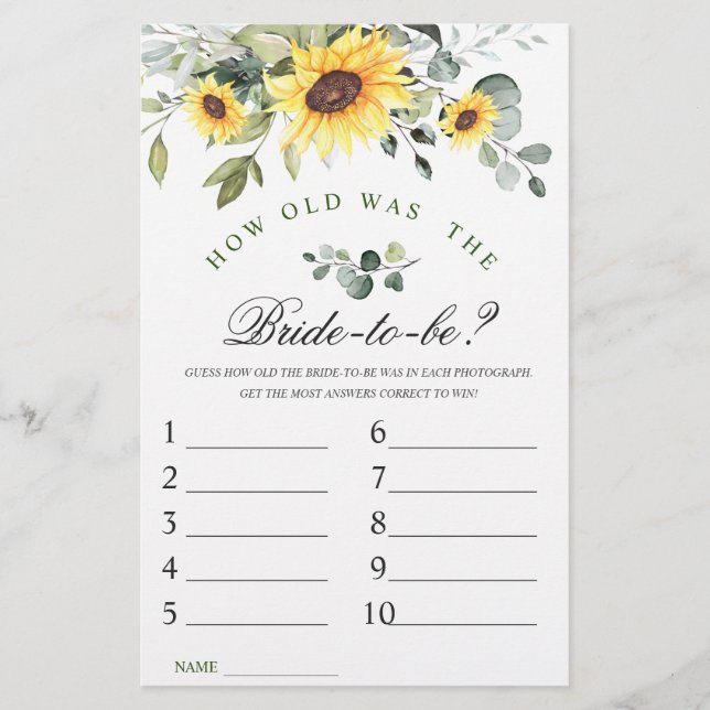 Elegant Sunflowers Eucalyptus Bridal Shower Game (Front)