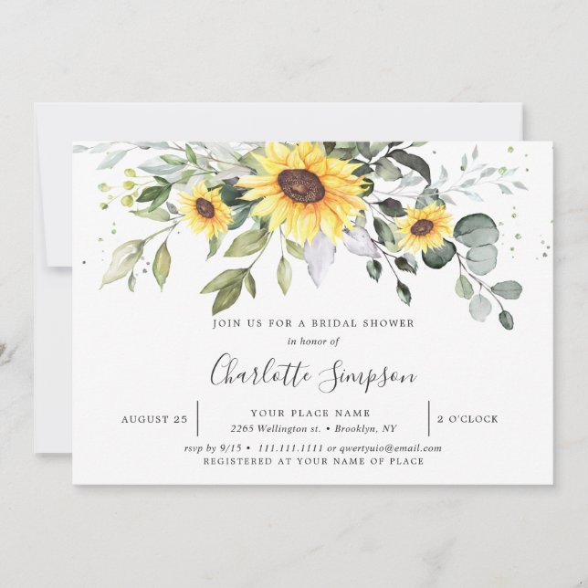 Elegant Sunflowers Eucalyptus Bridal Shower Invitation (Front)