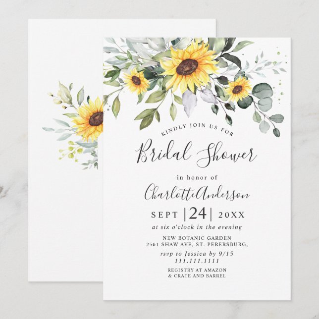 Elegant Sunflowers Eucalyptus BRIDAL SHOWER Invitation (Front/Back)