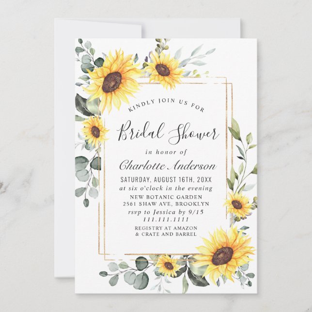 Elegant Sunflowers Eucalyptus Bridal Shower Invitation (Front)