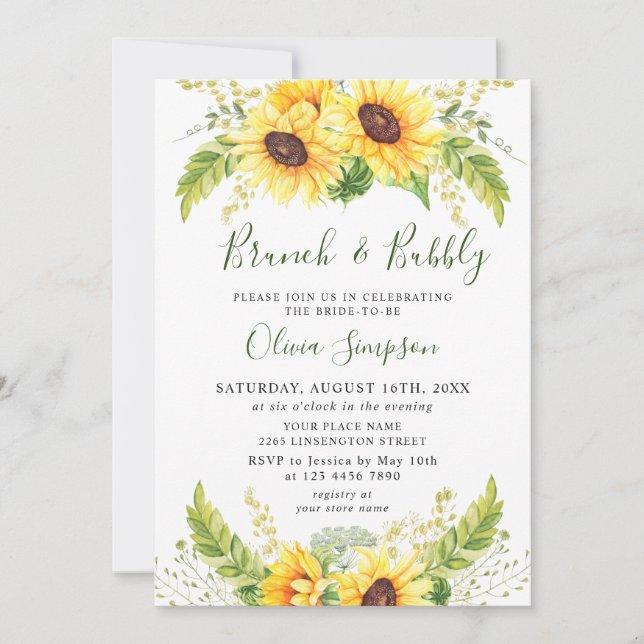 Elegant Sunflowers Eucalyptus Brunch & Bubbly Invitation (Front)