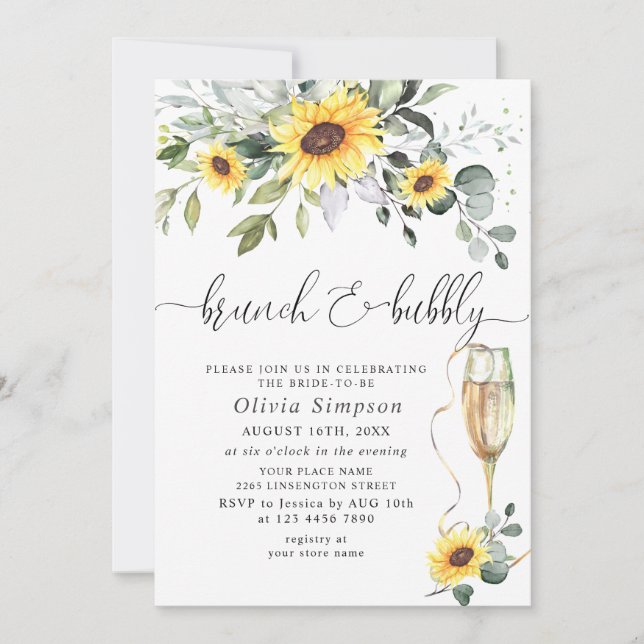 Elegant Sunflowers Eucalyptus Brunch & Bubbly Invitation (Front)