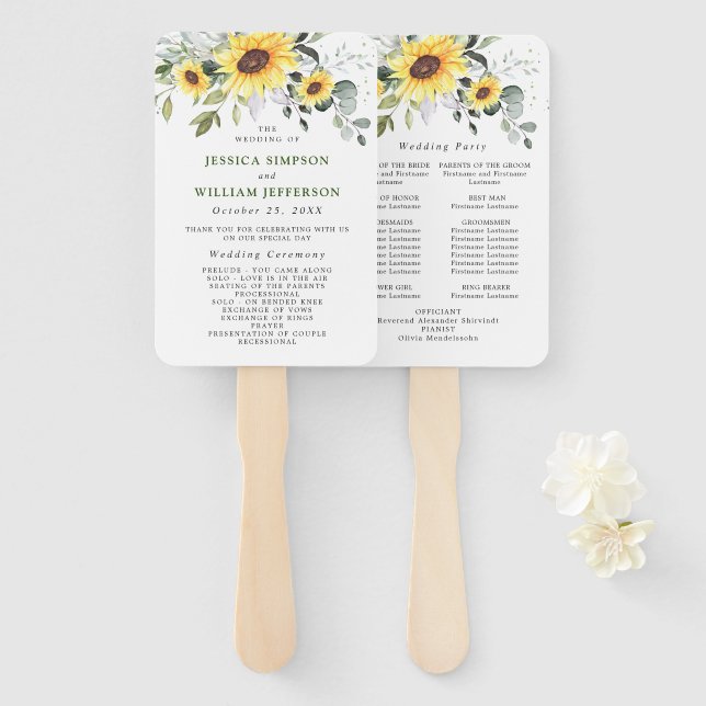 Elegant Sunflowers Eucalyptus Chic Wedding Program Hand Fan (Front and Back)
