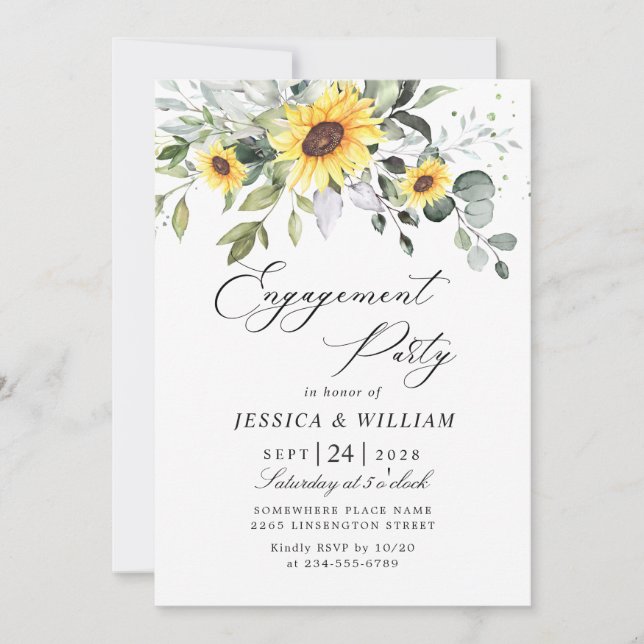 Elegant Sunflowers Eucalyptus ENGAGEMENT  PARTY Invitation (Front)