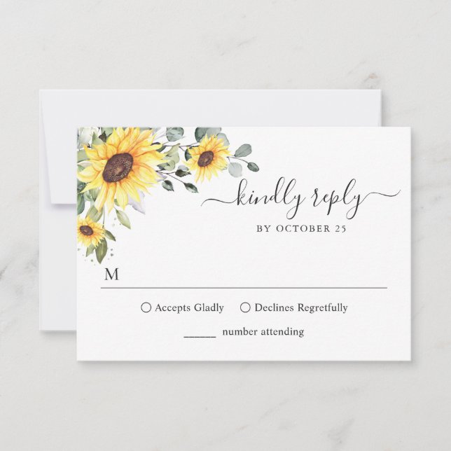 Elegant Sunflowers Eucalyptus Floral Wedding RSVP  Card (Front)