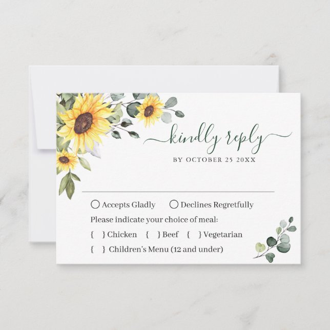 Elegant Sunflowers Eucalyptus Floral Wedding RSVP Card (Front)