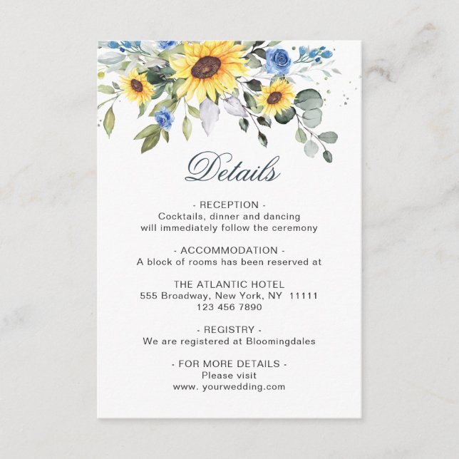 Elegant Sunflowers Eucalyptus Foliage Details Enclosure Card (Front)