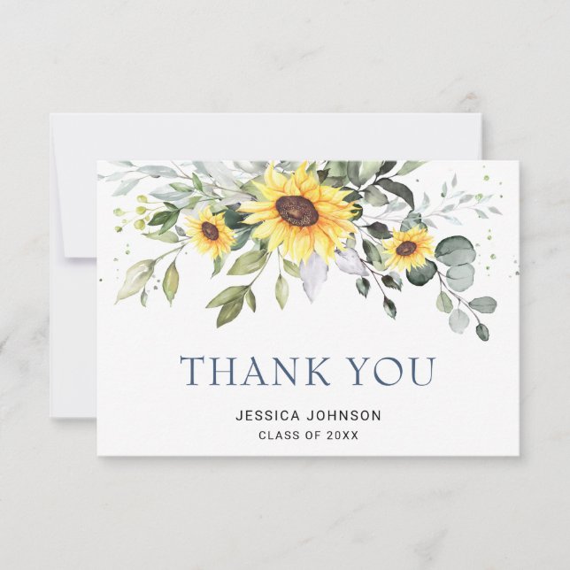 Elegant Sunflowers Eucalyptus Foliage Graduation  Thank You Card (Front)