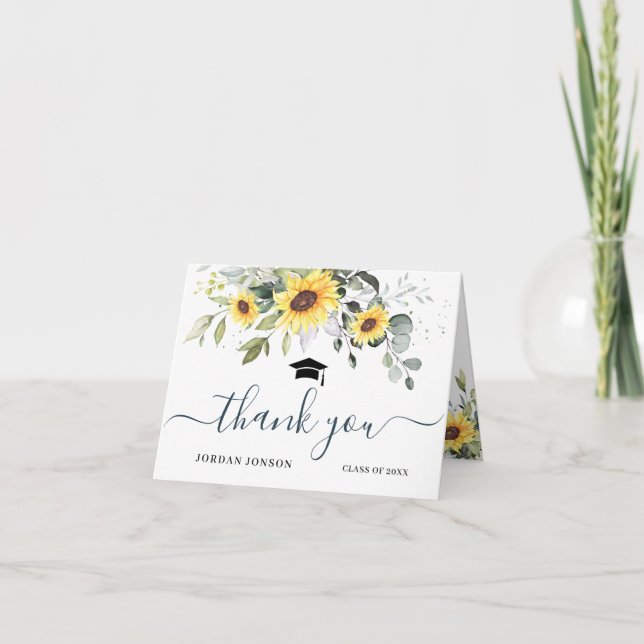Elegant Sunflowers Eucalyptus Foliage Graduation Thank You Card (Front)