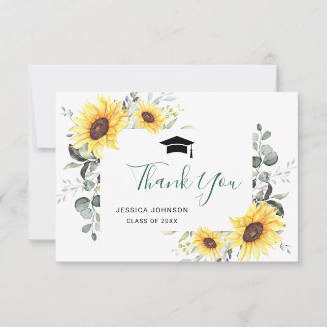Elegant Sunflowers Eucalyptus Foliage Graduation Thank You Card (Front)