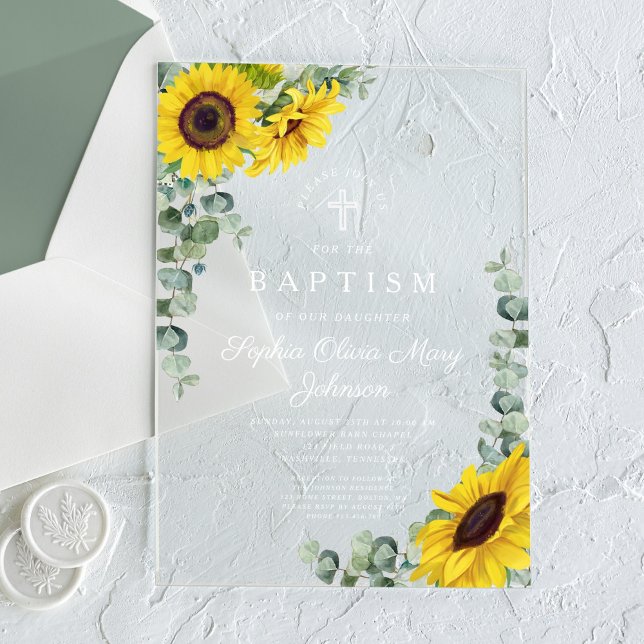 Elegant Sunflowers Eucalyptus Girl Baptism Acrylic Invitations (Elegant Sunflowers Eucalyptus Girl Baptism Acrylic Invitations)