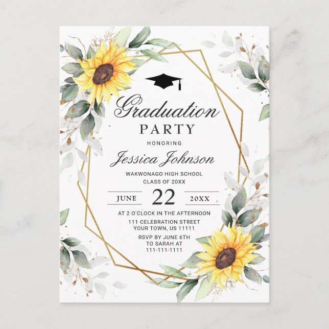 Elegant Sunflowers Eucalyptus Graduation Party Announcement Postcard (Front)