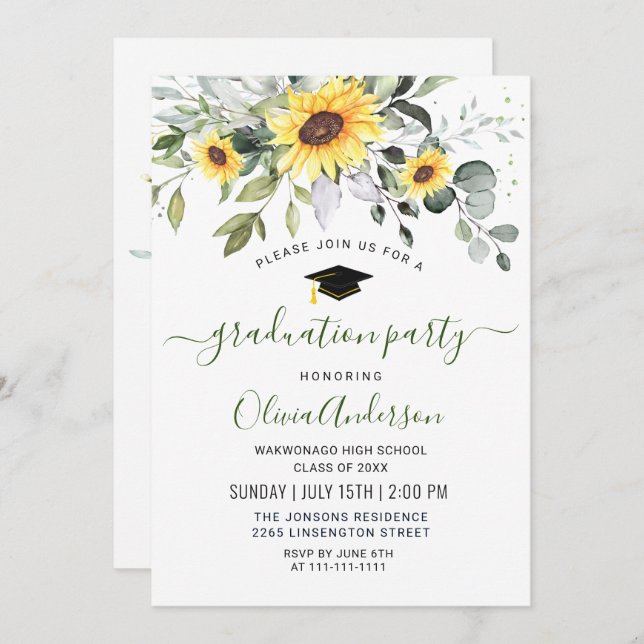 Elegant Sunflowers Eucalyptus Graduation Party Invitation (Front/Back)