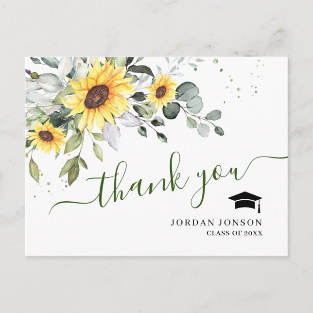 Elegant Sunflowers Eucalyptus Graduation Thank You Postcard (Front)