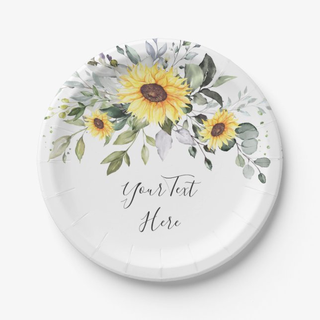 Elegant Sunflowers Eucalyptus Greenery Party Paper Plate (Front)
