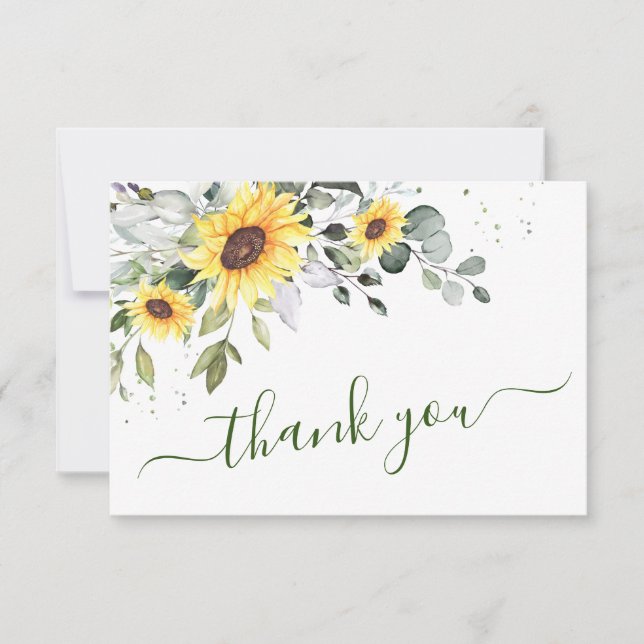 Elegant Sunflowers Eucalyptus Greenery Thank You Card (Front)