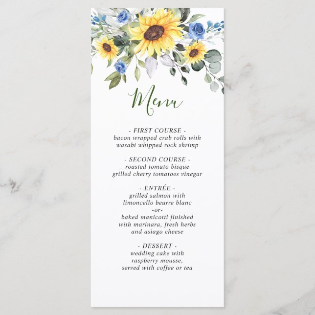 Elegant Sunflowers Eucalyptus Greenery Wedding Menu (Front)