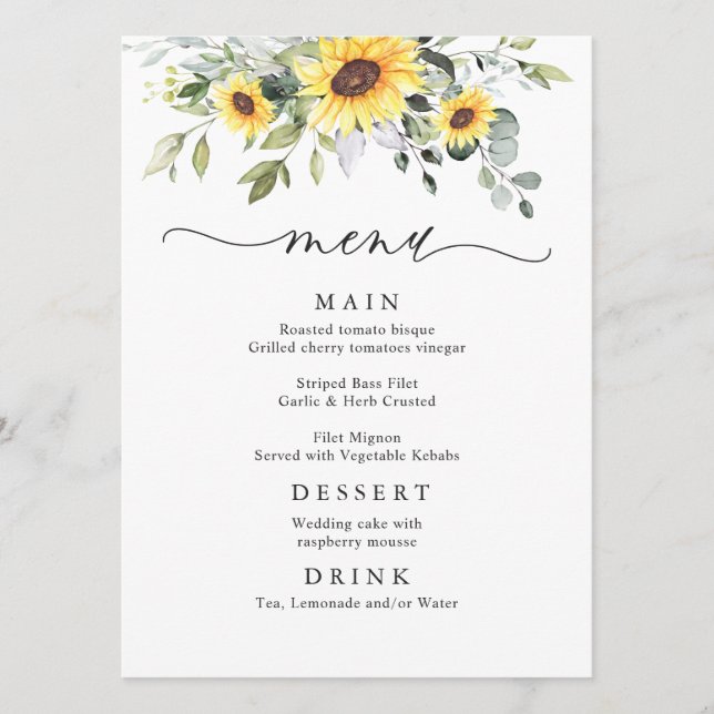 Elegant Sunflowers Eucalyptus Greenery Wedding Menu (Front)