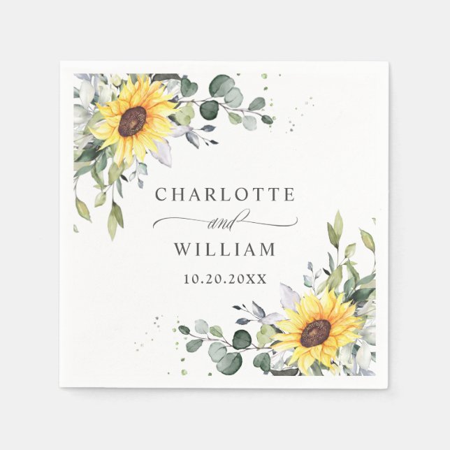Elegant Sunflowers Eucalyptus Greenery Wedding Napkin (Front)